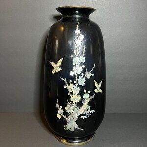 Vintage Asian Black Enamel Brass Mother of Pearl Inlay Floral Bird Pattern Vase